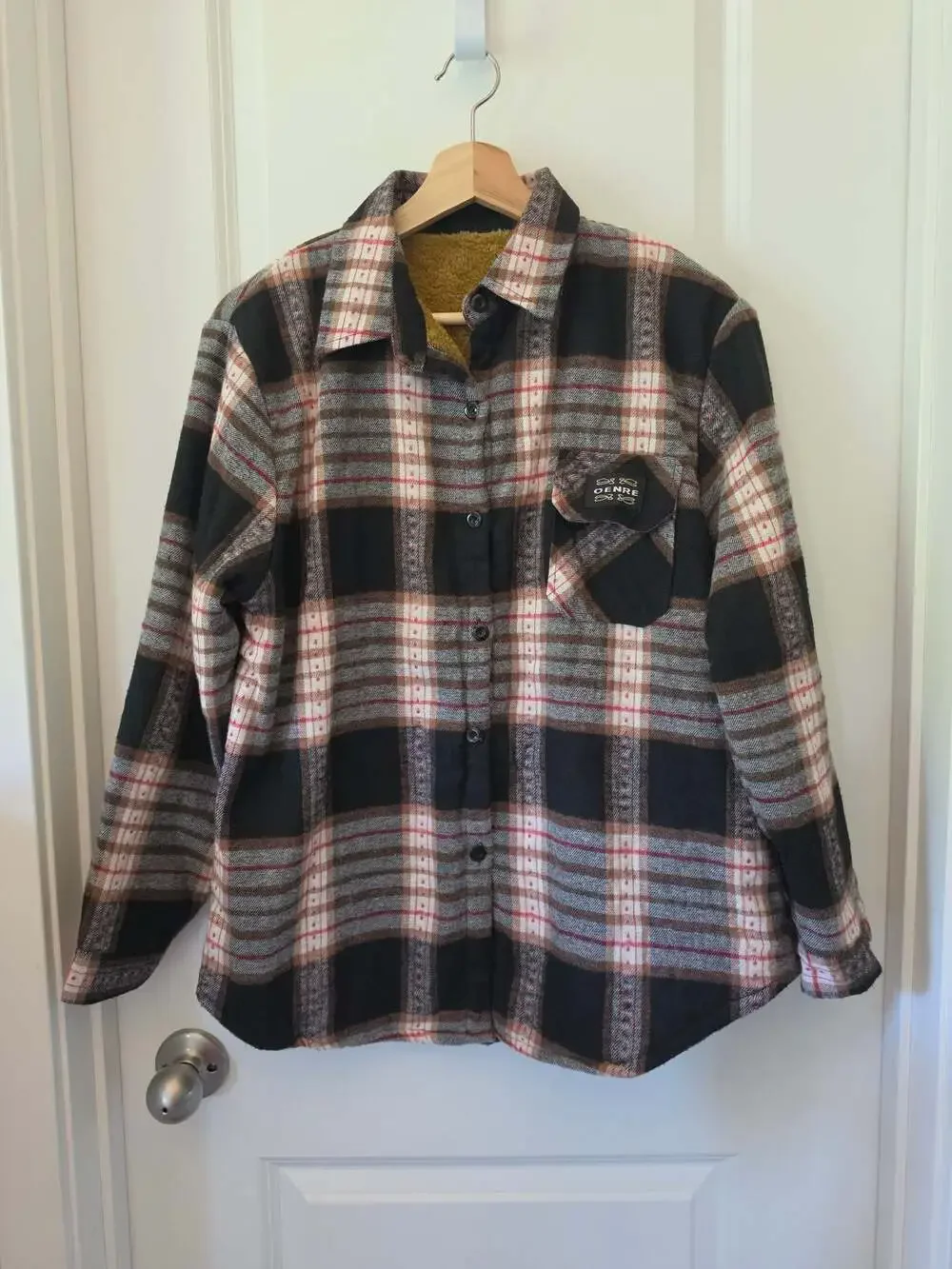 OENRE Plaid Sherpa Lined Flannel Shirt Jacket Men's L Black Brown Winter Shacket
